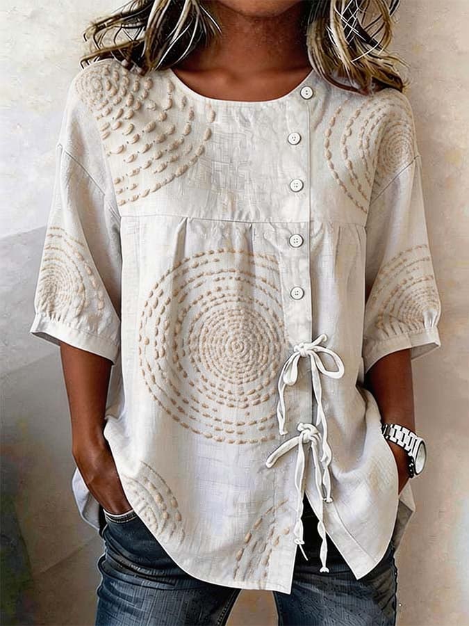 Macarena Camicetta Casual con Ricami Geometrici