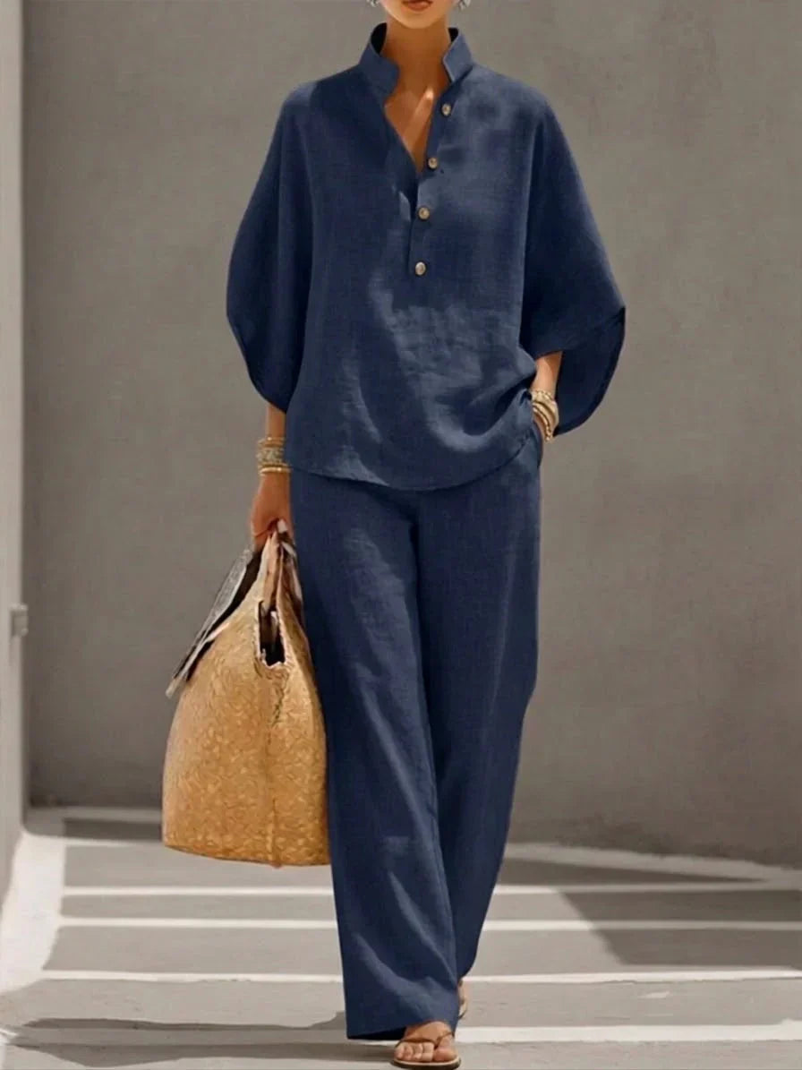 Maribel - Completo Lino Maniche Pipistrello e Pantalone Ampio