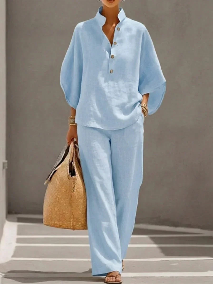 Maribel - Completo Lino Maniche Pipistrello e Pantalone Ampio