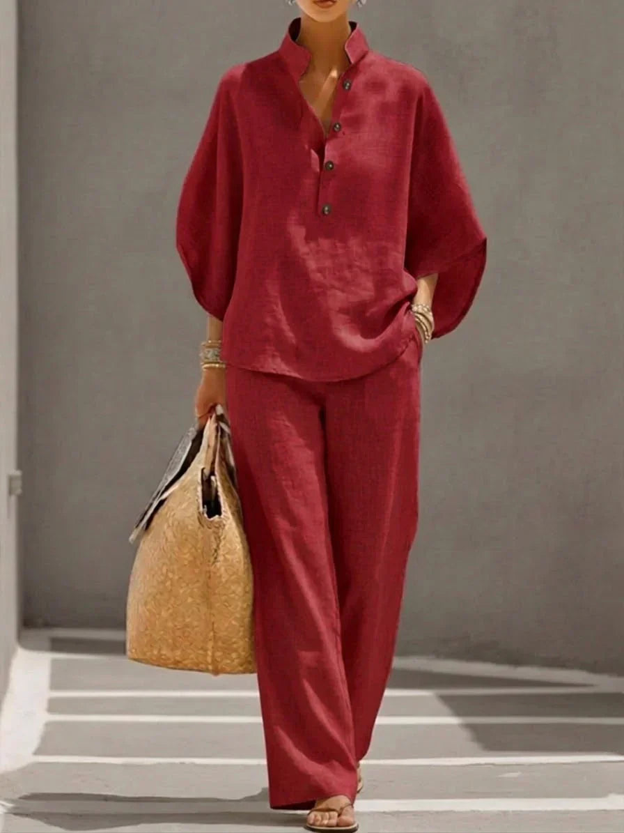 Maribel - Completo Lino Maniche Pipistrello e Pantalone Ampio