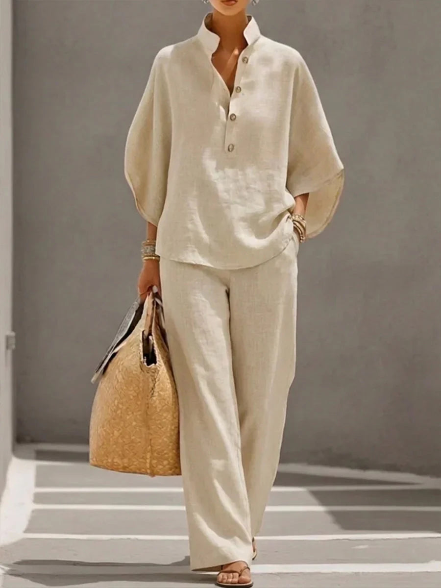 Maribel - Completo Lino Maniche Pipistrello e Pantalone Ampio